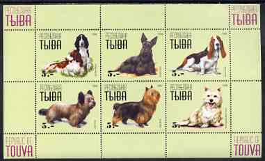 Touva 1999 Dogs #4 perf sheetlet containing set of 6 values unmounted mint (yellow-green background), stamps on dogs, stamps on springer, stamps on scotish, stamps on terriers, stamps on basset, stamps on west highland, stamps on skye, stamps on scots, stamps on scotland