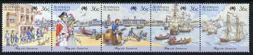 Australia 1987 Bicentenary of Australian Settlement (6th series) Departure of First Fleet se-tenant strip of 5 unmounted mint SG 1059a, stamps on ships, stamps on convicts, stamps on 