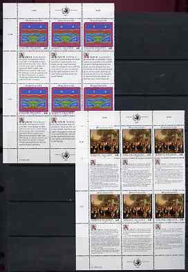United Nations (Vienna) 1993 Declaration of Human Rights (5th series) set of 2 plus 2 labels (Peasant's Wedding & Outback) each in blocks of 6 showing labels in 3 languages, unmounted mint, SG V149-50, stamps on united nations, stamps on human rights, stamps on arts, stamps on 
