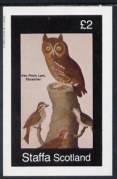 Staffa 1982 Birds #32 (Owl, Finch, Lark & Flycatcher) imperf deluxe sheet (Â£2 value) unmounted mint, stamps on birds, stamps on birds of prey, stamps on owls