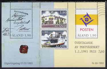 Aland Islands 1993 Postal Autonomy m/sheet unmounted mint, SG MS 65, stamps on postal, stamps on post offices, stamps on vans, stamps on ferry, stamps on 