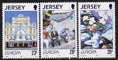 Jersey 1993 Europa - Contemporary Art set of 3 unmounted mint, SG 625-27, stamps on europa, stamps on arts, stamps on opera, stamps on music, stamps on food, stamps on flowers