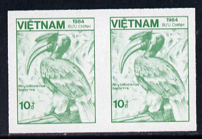 Vietnam 1984 Hornbill 10d emerald unmounted mint imperf pair (top value from def set) SG 785var, stamps on , stamps on  stamps on birds     hornbill