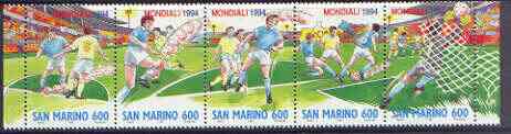 San Marino 1994 Football World Cup Championships strip of 5 unmounted mint, SG 1480-84, stamps on football, stamps on sport