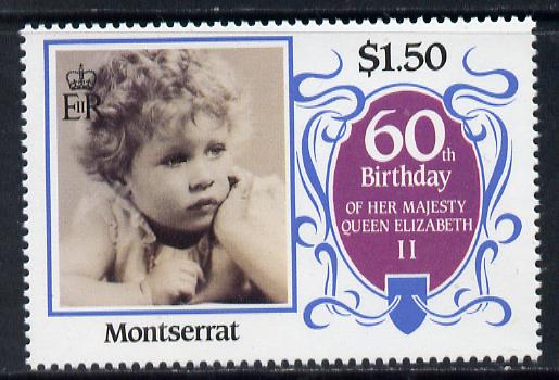 Montserrat 1986 Queen's 60th Birthday $1.50 unmounted mint with blue-grey background omitted (unlisted by SG), stamps on , stamps on  stamps on royalty, stamps on  stamps on 60th birthday