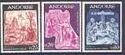 Andorra - French 1967 16th Century Frescoes set of 3 unmounted mint, SG F204-206, stamps on arts, stamps on religion, stamps on 