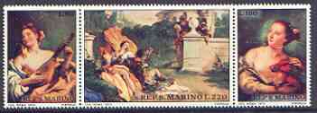 San Marino 1970 Death Bicentenary of Tiepolo (painter) se-tenant strip of 3 unmounted mint, SG 894-96, stamps on , stamps on  stamps on arts, stamps on  stamps on tiepolo, stamps on  stamps on music, stamps on  stamps on parrots, stamps on  stamps on 