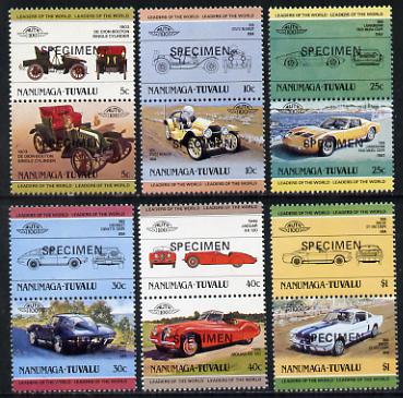 Tuvalu - Nanumaga 1984 Cars #1 (Leaders of the World) set of 12 optd SPECIMEN unmounted mint, stamps on cars, stamps on shelby, stamps on jaguar, stamps on stutz bearcat, stamps on de dion, stamps on chevrolet, stamps on lamborghini