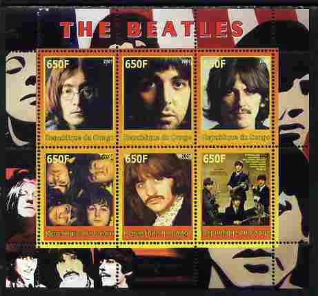 Congo 2007 The Beatles perf sheetlet #2 containing 6 values unmounted mint. Note this item is privately produced and is offered purely on its thematic appeal, stamps on personalities, stamps on music, stamps on pops, stamps on rock, stamps on beatles
