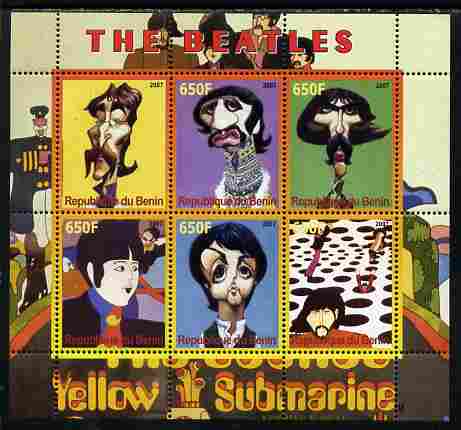Benin 2007 The Beatles - Yellow Submarine perf sheetlet containing 6 values unmounted mint. Note this item is privately produced and is offered purely on its thematic appeal, stamps on personalities, stamps on music, stamps on pops, stamps on rock, stamps on beatles, stamps on submarines