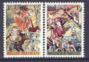 Belgium 1967 Charles Plisnier & de Raet Foundations (Tapestries) set of 2 unmounted mint, SG 2028-29, stamps on , stamps on  stamps on arts, stamps on  stamps on tapestry, stamps on  stamps on literature, stamps on  stamps on horses, stamps on  stamps on hunting, stamps on  stamps on swine, stamps on  stamps on roman