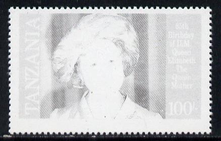 Tanzania 1985 Life & Times of HM Queen Mother 100s (SG 428) unmounted mint perforated colour proof single in black only*, stamps on royalty     queen mother
