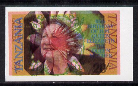 Tanzania 1985 Life & Times of HM Queen Mother 20s (SG 425) IMPERF printed over 1986 Flowers 30s  (SG 477) most unusual unmounted mint, stamps on flowers  royalty      queen mother