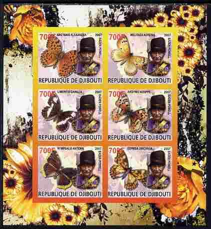 Djibouti 2007 Butterflies Baden Powell imperf sheetlet containing 6 values unmounted mint. Note this item is privately produced and is offered purely on its thematic appeal, stamps on personalities, stamps on scouts, stamps on butterflies