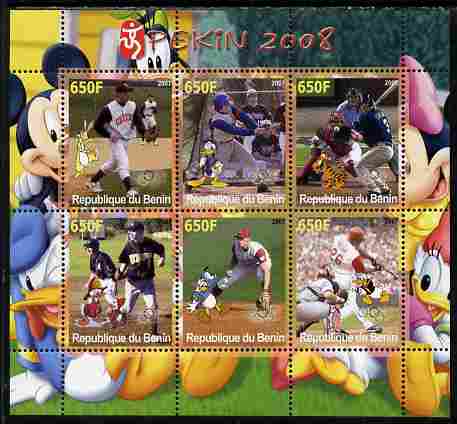 Benin 2007 Beijing Olympic Games - Baseball perf sheetlet containing 6 values (Disney characters in background)  unmounted mint. Note this item is privately produced and ..., stamps on sport, stamps on olympics, stamps on disney, stamps on baseball