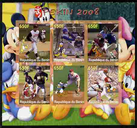 Benin 2007 Beijing Olympic Games - Baseball imperf sheetlet containing 6 values (Disney characters in background)  unmounted mint. Note this item is privately produced an..., stamps on sport, stamps on olympics, stamps on disney, stamps on baseball