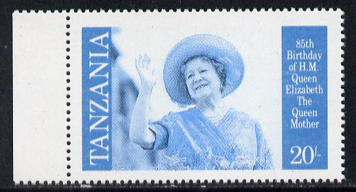 Tanzania 1985 Life & Times of HM Queen Mother 20s (SG 426) unmounted mint perforated colour proof single in blue & black only*, stamps on royalty, stamps on queen mother
