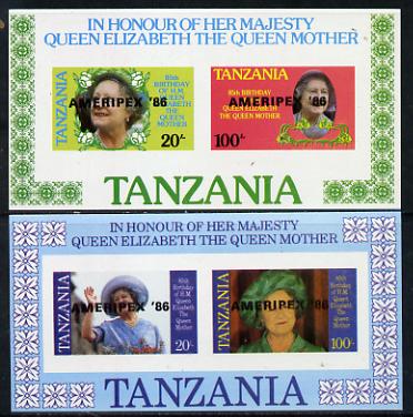 Tanzania 1986 Queen Mother imperf proof set of 2 m/sheets each with 'AMERIPEX 86' opt in black (unissued) unmounted mint, stamps on postal, stamps on royalty, stamps on queen mother, stamps on stamp exhibitions