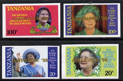 Tanzania 1986 Queen Mother imperf proof set of 4 each with 'AMERIPEX 86' opt in gold (unissued) unmounted mint*, stamps on postal, stamps on royalty, stamps on queen mother, stamps on stamp exhibitions