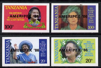 Tanzania 1986 Queen Mother imperf proof set of 4 each with 'AMERIPEX 86' opt in black (unissued) unmounted mint*, stamps on postal, stamps on royalty, stamps on queen mother, stamps on stamp exhibitions