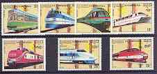 Kampuchea 1989 Trams & Trains complete set of 7 unmounted mint, SG 960-66, stamps on railways, stamps on trams