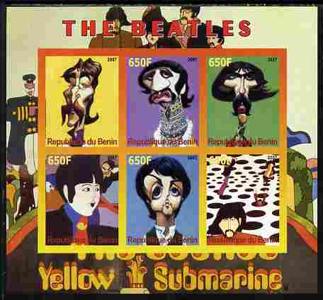 Benin 2007 The Beatles - Yellow Submarine imperf sheetlet containing 6 values unmounted mint. Note this item is privately produced and is offered purely on its thematic appeal, stamps on personalities, stamps on music, stamps on pops, stamps on rock, stamps on beatles, stamps on submarines