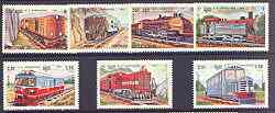Kampuchea 1984 Railway Locomotives complete perf set of 7 unmounted mint, SG 542-48, stamps on railways