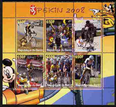 Benin 2007 Beijing Olympic Games - Cycling perf sheetlet containing 6 values (Disney characters in background) unmounted mint. Note this item is privately produced and is..., stamps on sport, stamps on olympics, stamps on disney, stamps on bicycles