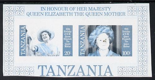 Tanzania 1985 Life & Times of HM Queen Mother m/sheet (containing SG 426 & 428) unmounted mint imperf colour proof in blue & black only, stamps on royalty, stamps on queen mother