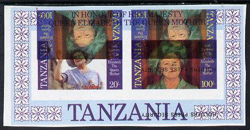 Tanzania 1985 Life & Times of HM Queen Mother m/sheet (containing SG 426 & 428) unmounted mint imperf additionally printed 100s (SG 428) inverted, most unusual & spectacular, stamps on royalty, stamps on queen mother