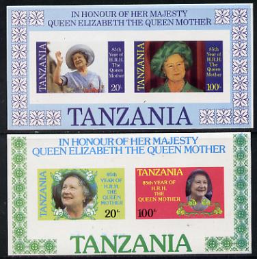 Tanzania 1985 Life & Times of HM Queen Mother set in 2 IMPERF m/sheets (similar to SG MS 429) inscribed in error HRH the Queen Mother instead of HM Queen Elizabeth the Qu..., stamps on royalty, stamps on queen mother