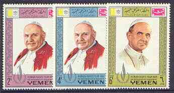 Yemen - Royalist 1968 Human Rights Year the three perf values showing Popes unmounted mint (Mi 543, 547 & 551A)*, stamps on human rights, stamps on personalities, stamps on popes, stamps on pope