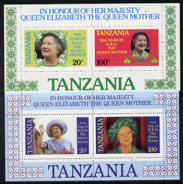 Tanzania 1985 Life & Times of HM Queen Mother set in 2 m/sheets (SG MS 429) inscribed in error HRH the Queen Mother plus normal m/sheets (HM Queen Elizabeth the Queen Mot..., stamps on royalty, stamps on queen mother