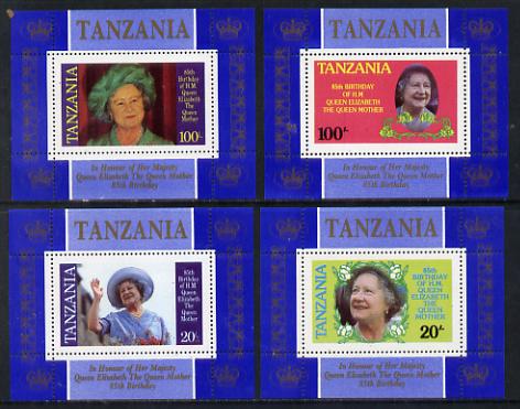 Tanzania 1985 Life & Times of HM Queen Mother unissued perf set of 4 unmounted mint deluxe sheetlets (one stamp per sheetlet) unlisted by SG, stamps on royalty, stamps on queen mother