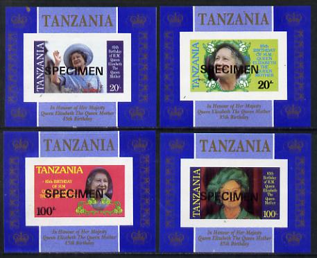 Tanzania 1985 Life & Times of HM Queen Mother unissued set of 4 unmounted mint deluxe sheetlets (one stamp per sheetlet) imperforate & opt'd SPECIMEN, stamps on , stamps on  stamps on royalty, stamps on  stamps on queen mother