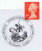 Postmark - Great Britain 2002 cover with United for Peace cancel illustrated with St George & Dragon, stamps on saints, stamps on peace, stamps on dragon, stamps on mythology, stamps on st george