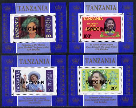 Tanzania 1985 Life & Times of HM Queen Mother unissued set of 4 unmounted mint perf deluxe sheetlets (one stamp per sheetlet) opt'd SPECIMEN, stamps on royalty, stamps on queen mother