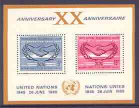 United Nations (NY) 1965 20th Anniversary & International Co-operation Year m/sheet unmounted mint, SG MS 145, stamps on communications, stamps on  icy , stamps on united nations