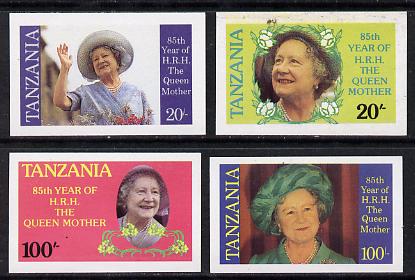 Tanzania 1985 Life & Times of HM Queen Mother unissued set of 4 imperf singles each inscribed in error HRH the Queen Mother instead of HM Queen Elizabeth the Queen Mother..., stamps on royalty, stamps on queen mother