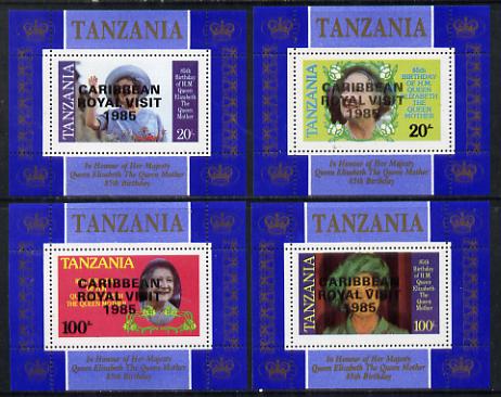 Tanzania 1985 Life & Times of HM Queen Mother unissued set of 4 unmounted mint perforated deluxe sheetlets (one stamp per sheetlet) opt'd 'Caribbean Royal Visit 1985', stamps on royalty, stamps on royal visit , stamps on queen mother