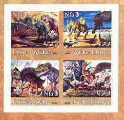 Eritrea 2002 Dinosaurs #01 imperf sheetlet containing set of 4 values with Scout Logo unmounted mint, stamps on dinosaurs, stamps on scouts