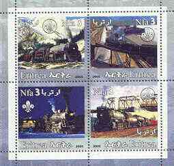 Eritrea 2002 Steam Locos #01 perf sheetlet containing set of 4 values with Scout Logo unmounted mint, stamps on railways, stamps on bridges, stamps on scouts