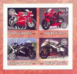 Eritrea 2002 Motorcycles #02 imperf sheetlet containing set of 4 values with Rotary Logo unmounted mint, stamps on motorbikes, stamps on rotary