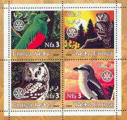 Eritrea 2002 Birds #02 perf sheetlet containing set of 4 values with Rotary Logo unmounted mint, stamps on , stamps on  stamps on birds, stamps on  stamps on birds of prey, stamps on  stamps on owls, stamps on  stamps on rotary
