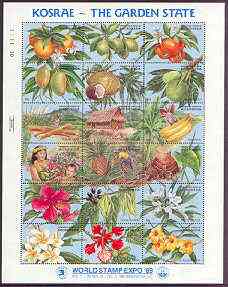 Micronesia 1989 Expo 89 Stamp Exhibition sheetlet of 18 containing Fruit & Flowers unmounted mint, SG 155-72, stamps on flowers, stamps on fruit, stamps on oranges, stamps on limes, stamps on bananas, stamps on tangerines, stamps on mangoes, stamps on coconuts, stamps on breadfruit, stamps on sugar, stamps on pineapples, stamps on hibiscus