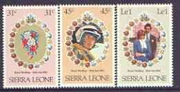 Sierra Leone 1981 Royal Wedding (1st Issue) perf set of 3 unmounted mint, SG 668-70, stamps on royalty, stamps on charles, stamps on diana, stamps on helicopters
