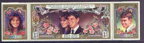 Belize 1986 Royal Wedding perf se-tenant strip of 3 unmounted mint, SG 941a, stamps on royalty, stamps on andrew, stamps on fergie, stamps on roses
