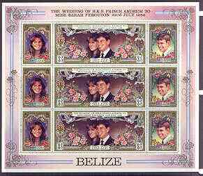 Belize 1986 Royal Wedding perf sheetlet of 9 containing 3 se-tenant strips of 3 unmounted mint, as SG 941a, stamps on royalty, stamps on andrew, stamps on fergie, stamps on roses