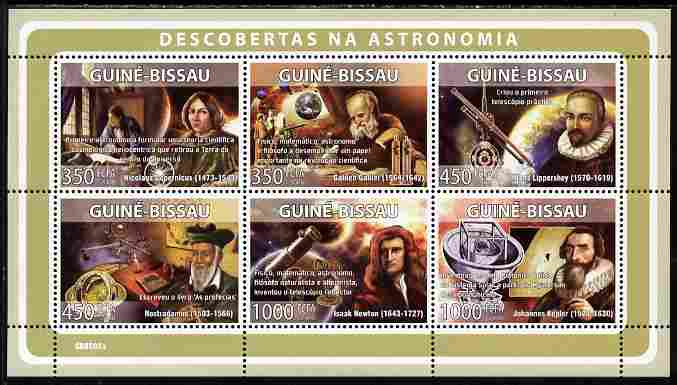 Guinea - Bissau 2008 Pioneers of Astronomy perf sheetlet containing 6 values unmounted mint Michel 3930-35, stamps on personalities, stamps on astronomy, stamps on copernicus, stamps on galileo, stamps on newton, stamps on kepler, stamps on maths, stamps on mathematics, stamps on planets