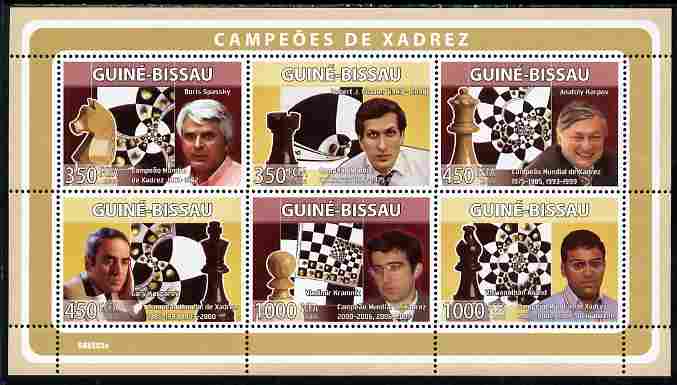 Guinea - Bissau 2008 Chess Champions perf sheetlet containing 6 values unmounted mint Michel 3937-42, stamps on , stamps on  stamps on personalities, stamps on  stamps on chess